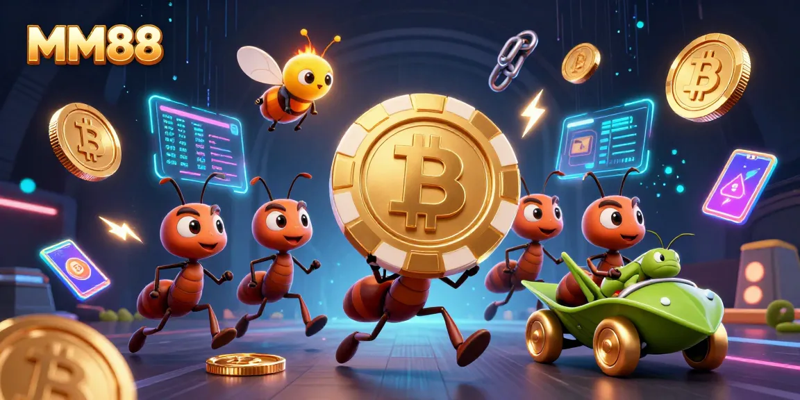 MM88 heist depiction with cartoon ants, golden poker chip, and vibrant casino elements