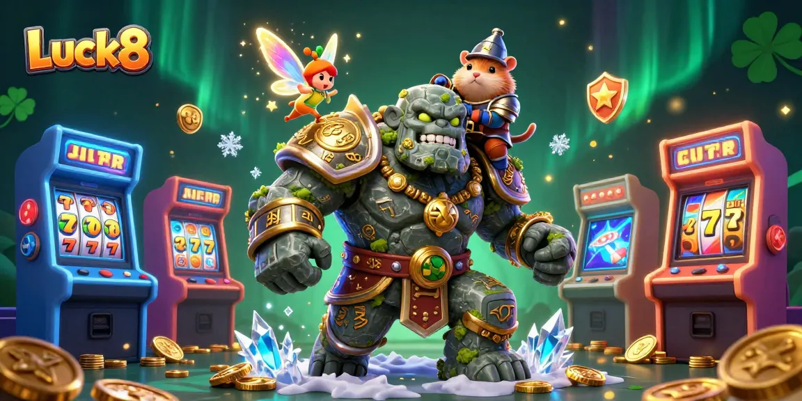 Engage in thrilling gameplay with Luck8, featuring a magical scene of a golem and knight in an online casino.