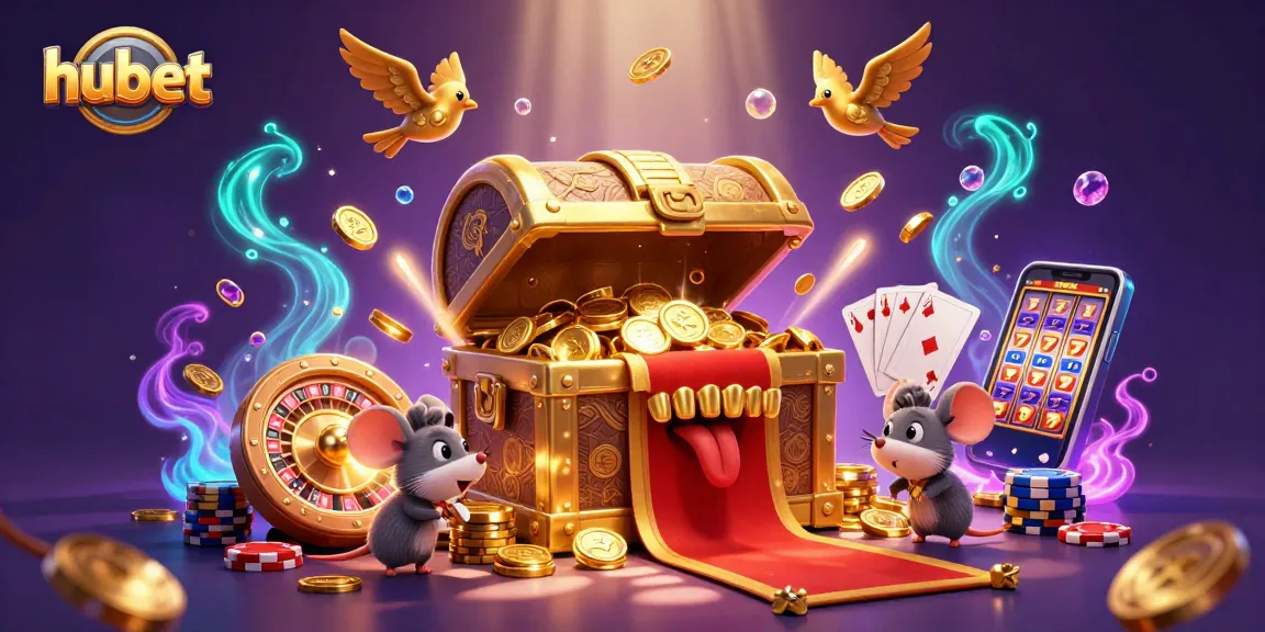 Engage in thrilling gameplay at hubet with golden treasures, flying coins, and vibrant casino elements.