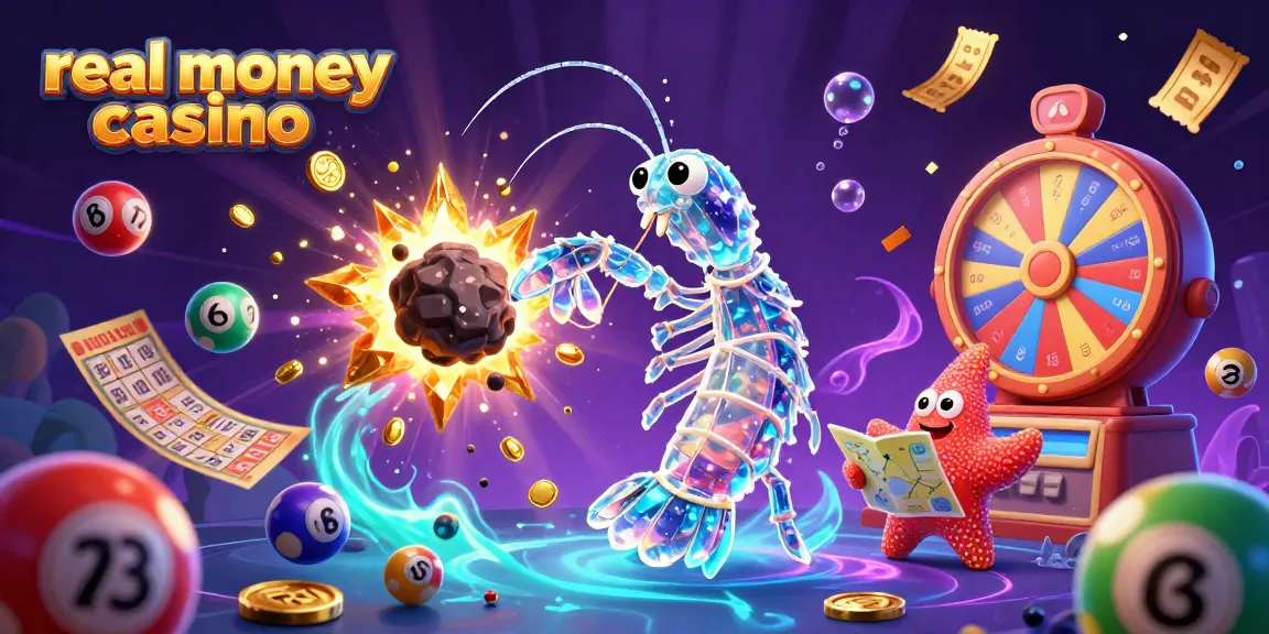Experience thrills at a real money casino with vibrant 3D illustrations featuring exciting gaming elements and characters.